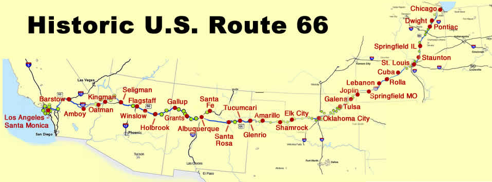 Map illustrating the historic US Route 66 from Chicago to Santa Monica