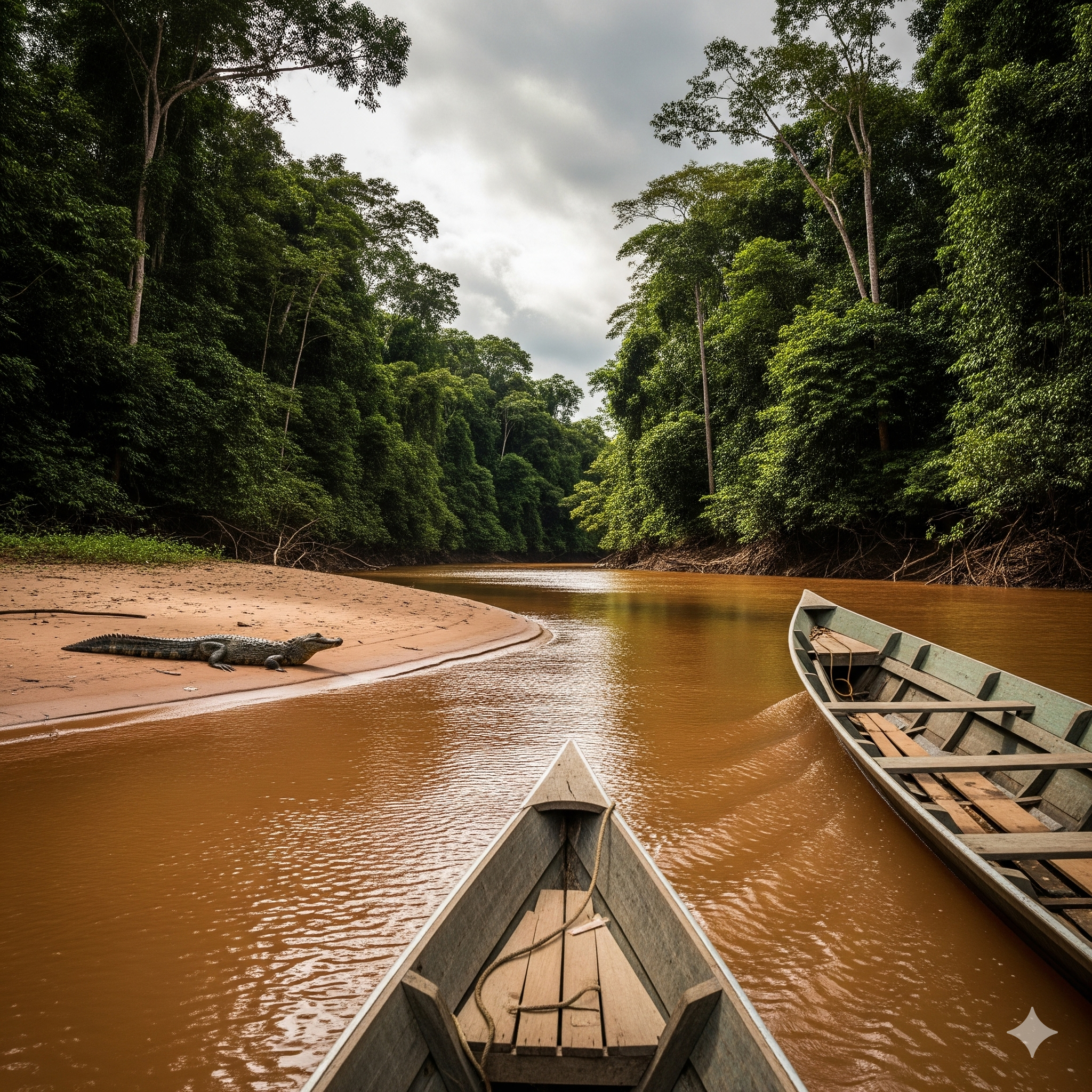 View from inside a wooden longboat navigating the winding Tuichi River, with the dense Amazon jungle on both sides.