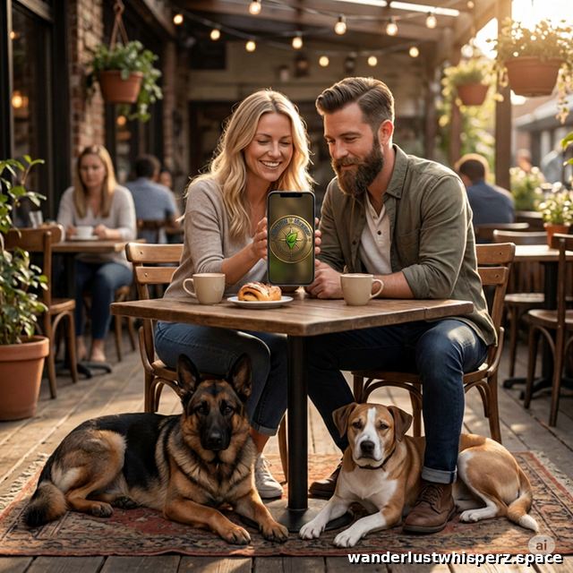 Val and Chip using Mindful Mapper at a cafe to track carbon footprints, dogs resting underneath.
