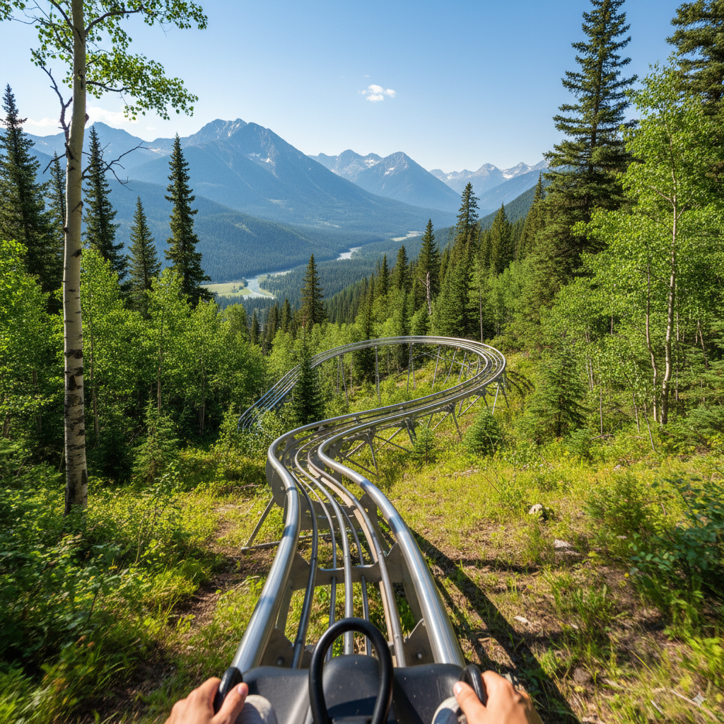 Riding on a rail down the mountain.