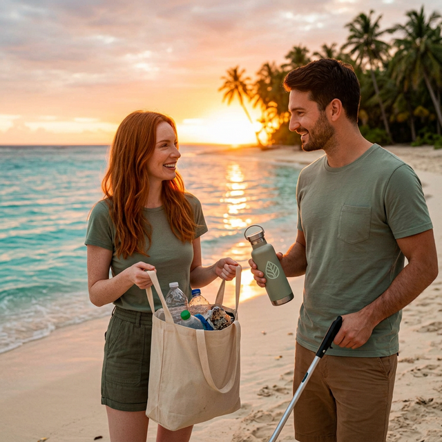 Val and Chip doing a beach cleanup at sunrise on a tropical coastline with reusable bags.