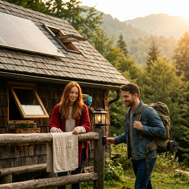 Val and Chip at a sustainable eco-lodge cabin with solar panels, heading out with hiking packs at golden hour.