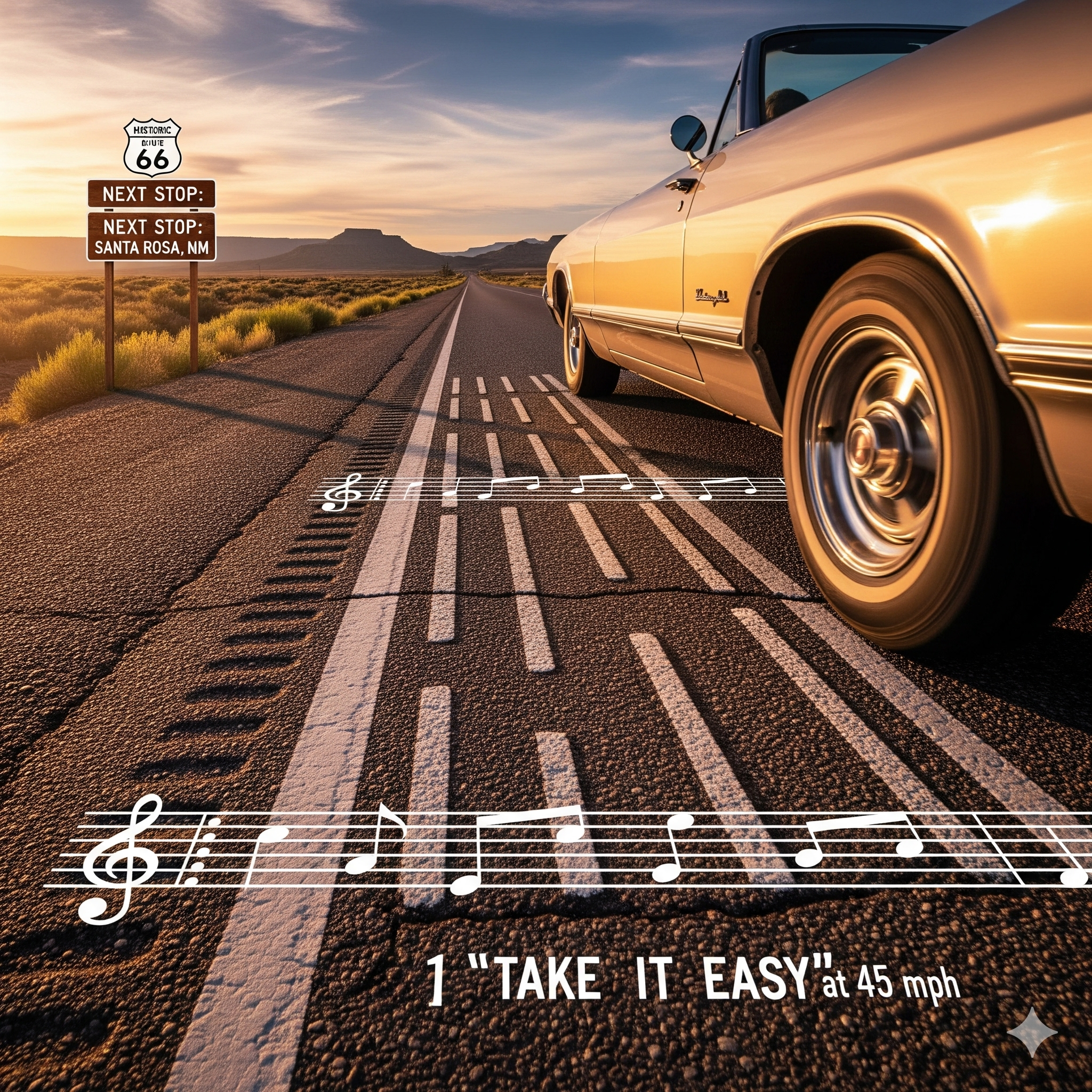 A car driving down a stretch of the musical 'Singing Highway' on Route 66.