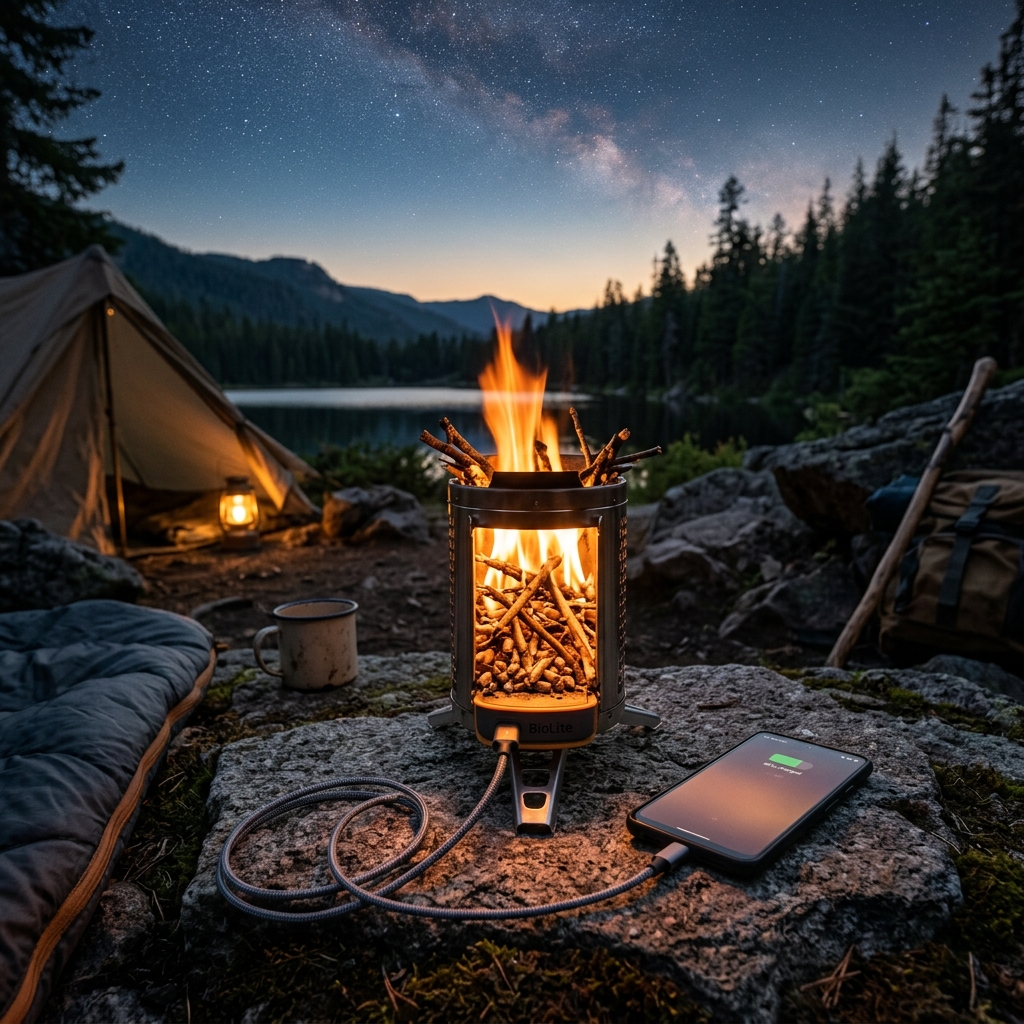 Thermo-Electric Camp Stove Charging Smartphone at Night
