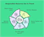 Infographic: Responsible Resource Use in Travel - shorter showers, reuse towels and linens, turn off lights and AC, use natural ventilation.