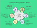 Infographic: Sustainable Transportation Choices including train travel, public transportation, walking or cycling, electric vehicles, and direct flights.