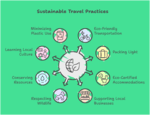 Infographic: Sustainable Travel Practices wheel including minimizing plastic use, eco-friendly transport, packing light, conserving resources, respecting wildlife.