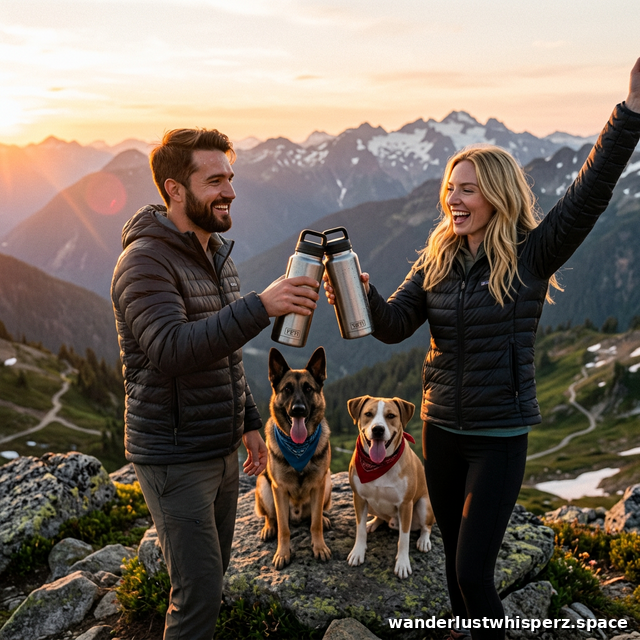 Val and Chip cheering with Yeti Ramblers on a mountain peak with dogs.