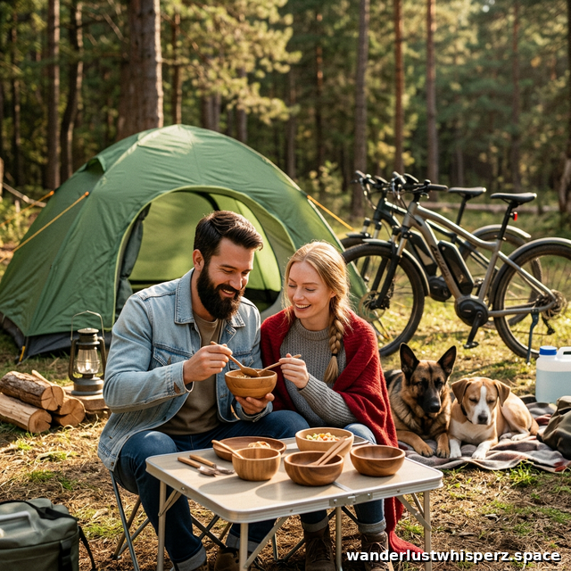 Val and Chip eating from wooden bowls at camp with dogs.